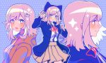  artist_name blush breasts brown_skirt closed_mouth dangan_ronpa eyebrows_visible_through_hair finger_gun galaga hair_ornament highres hood hood_up hoodie long_sleeves looking_at_viewer looking_away medium_breasts medium_hair nanami_chiaki parted_lips pink_eyes pink_hair pouty_lips savi_(byakushimc) skirt smile super_dangan_ronpa_2 