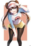  1girl absurdres arjent artist_name bag black_legwear blue_eyes blush breasts brown_eyes double_bun full_body hair_bun highres legwear_under_shorts looking_at_viewer low_twintails mei_(pokemon) open_mouth pantyhose poke_ball pokemon pokemon_(game) pokemon_bw2 pokemon_masters shorts smile solo twintails visor_cap 