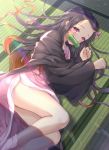  1girl bamboo bangs bit_gag black_hair blush brown_hair commentary_request feet_out_of_frame fingernails forehead gag gradient_hair hair_ribbon hands_up highres japanese_clothes kamado_nezuko kimetsu_no_yaiba kimono long_hair long_sleeves looking_at_viewer lying mouth_hold multicolored_hair nail_polish on_floor on_side open_clothes parted_bangs pink_eyes pink_kimono pink_legwear pink_ribbon red_nails ribbon sharp_fingernails socks solo tatami very_long_hair wide_sleeves yuyuko_(yuyucocco) 