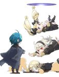 2boys 2girls black_bow black_hairband black_legwear blonde_hair blue_hair bow brother_and_sister byleth_(fire_emblem) byleth_eisner_(male) circlet corrin_(fire_emblem) corrin_(fire_emblem)_(female) cosplay elise_(fire_emblem) fire_emblem fire_emblem:_three_houses fire_emblem_fates garreg_mach_monastery_uniform gloves hair_bow hairband long_hair long_sleeves manakete multicolored_hair multiple_boys multiple_girls open_mouth pointy_ears purple_hair red_eyes robaco short_hair siblings simple_background twintails uniform violet_eyes white_background white_gloves white_hair xander_(fire_emblem) 