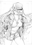  1girl absurdres belt breasts demon_horns hair_over_one_eye hands_in_pockets hat highres horns jacket jewelry kojima_takeshi light_smile monochrome necklace original shorts snake solo tail 