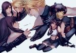  1boy 1girl back-to-back bangs bare_shoulders black_gloves black_skirt blonde_hair breasts brown_eyes brown_hair closed_mouth cloud_strife collarbone earrings elbow_pads english_commentary final_fantasy final_fantasy_vii final_fantasy_vii_remake fingerless_gloves gloves hand_on_own_chest holding_another&#039;s_arm jewelry large_breasts long_hair looking_at_another low-tied_long_hair lying midriff navel open_mouth outstretched_hand pencil_skirt reaching sera_(serappi) shirt shoulder_armor sitting skirt sleeveless sleeveless_shirt spiky_hair suspender_skirt suspenders swept_bangs tank_top taut_clothes taut_shirt tifa_lockhart 