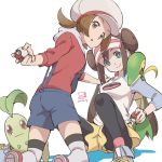  2girls blue_eyes brown_eyes brown_hair chikorita closed_mouth commentary dated double_bun hat kotone_(pokemon) kueru_(yuuki_tamerawanai) leggings legwear_under_shorts long_hair looking_at_viewer mei_(pokemon) multiple_girls open_mouth pantyhose poke_ball pokemon pokemon_(creature) pokemon_(game) raglan_sleeves shoes short_hair short_twintails shorts sidelocks simple_background smile snivy suspender_shorts suspenders thigh-highs twintails visor_cap white_background 