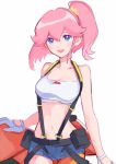  1girl aina_ardebit blue_eyes breasts gloves jacket midriff okchoko open_mouth pink_hair promare shorts side_ponytail smile suspenders thigh-highs 