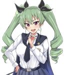  1girl anchovy anzio_(emblem) anzio_school_uniform bangs belt cape drill_hair emblem fang girls_und_panzer green_hair hair_ribbon highres long_hair long_sleeves mordeth necktie open_mouth red_eyes ribbon school_uniform simple_background skirt smile solo twin_drills twintails white_background 