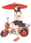  1girl ascot bangs black_eyes black_hair black_sailor_collar black_skirt blunt_bangs cotoh_tsumi full_body ground_vehicle highres looking_at_viewer medium_hair motor_vehicle motorcycle on_motorcycle original pleated_skirt red_footwear red_neckwear sailor_collar shirt_tucked_in shoes short_sleeves simple_background skirt solo standing umbrella white_background 