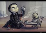  1boy 1girl addams_family baby bib black_dress black_hair braid brother_and_sister chair cup dress eyeshadow facial_hair frown koto_inari makeup mustache poison pubert_addams siblings smile table tea teacup teapot wednesday_addams 