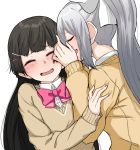  2girls absurdres bangs black_hair blush bow bowtie braid closed_eyes hair_ornament hair_ribbon hairclip highres higuchi_kaede long_hair long_sleeves multiple_girls nijisanji open_mouth ponytail ribbon ryon_1925 sweater tsukino_mito whispering white_hair yuri 