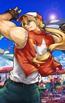  1boy bare_shoulders baseball_cap blonde_hair blue_eyes denim fatal_fury fingerless_gloves from_behind gloves hat jeans long_hair low-tied_long_hair male_focus muscle mystic9904 pants ponytail smile solo terry_bogard the_king_of_fighters vest 