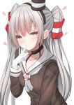  1girl ahhien amatsukaze_(kantai_collection) bangs blush breasts brown_dress collarbone dress eyebrows_visible_through_hair finger_to_mouth gloves hair_ornament hair_tubes heart heart-shaped_pupils highres kantai_collection lifebuoy long_hair long_sleeves looking_at_viewer sailor_collar sailor_dress silver_hair simple_background smokestack_hair_ornament solo striped symbol-shaped_pupils two_side_up upper_body white_background white_gloves windsock 