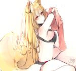  1girl animal_ears bangs black_bra black_panties blonde_hair blush bra chita_(ketchup) closed_mouth eyebrows_visible_through_hair fox_ears fox_girl fox_tail hair_between_eyes long_hair looking_at_viewer looking_to_the_side original panties red_eyes red_shirt shirt signature sketch solo tail underwear underwear_only very_long_hair white_background 