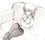  1girl belt black_legwear breasts closed_mouth commentary_request greyscale kotoyama labcoat legwear_under_shorts long_hair makise_kurisu monochrome necktie pantyhose shorts solo steins;gate 