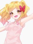  1girl :d aikatsu!_(series) aikatsu_stars! armpits bangs blonde_hair blush bow breasts brown_eyes commentary_request eyebrows_visible_through_hair grey_background hair_bow highres k_mugura looking_at_viewer nijino_yume open_mouth outstretched_arms parted_bangs pink_shirt red_bow shirt short_sleeves simple_background small_breasts smile solo spread_arms twintails upper_body 