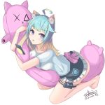  1girl :o absurdres ahoge animal_ear_fluff animal_ears ass bad_anatomy bangs barefoot black_skirt blue_hair blush body_pillow bow breast_press breasts brown_hair cat_ears cat_pillow cellphone collarbone commentary_request copyright_request eyebrows_visible_through_hair fang frilled_skirt frills full_body gradient_hair grey_shirt hair_flaps hair_ornament highres ichikawayan large_breasts looking_at_viewer multicolored_hair parted_lips phone pillow pillow_hug pink_bow prehensile_hair shirt short_sleeves signature simple_background skirt solo star star_hair_ornament twitter_username violet_eyes white_background 