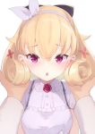  1boy 1girl :&lt; azur_lane bangs blonde_hair blouse blush carabiniere_(azur_lane) chestnut_mouth commentary curly_hair dress embarrassed eyebrows_visible_through_hair flower hair_between_eyes hair_flower hair_ornament hair_ribbon hairband looking_at_viewer note_(suzu_note000) open_mouth pov pov_hands ribbon short_hair short_sleeves sidelocks simple_background sundress violet_eyes white_background white_dress white_ribbon 