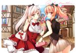  2girls absurdres alternate_costume bag blonde_hair bow box cobblestone copyright_name crepe food girls_frontline grey_eyes hair_bow hair_ornament hair_ribbon hairband hairclip handbag highres ice_cream multiple_girls red_eyes ribbon stone_floor sv-98_(girls_frontline) svd_(girls_frontline) tachiuki_(756412) takeout_container white_hair 