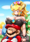 1boy 1girl amano_jack_(paradise_jack) anger_vein black_collar black_dress blonde_hair blue_earrings blue_eyes blue_overalls bowsette breast_rest breasts breasts_on_head collar dress facial_hair fang gloves height_difference large_breasts long_hair long_sleeves mario super_mario_bros. mustache new_super_mario_bros._u_deluxe pointy_ears red_shirt shirt spiked_armlet spiked_collar spiked_shell spikes strapless strapless_dress super_crown turtle_shell white_gloves 