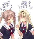  2girls black_serafuku blonde_hair closed_eyes commentary_request eyebrows_visible_through_hair hair_ribbon hand_up hirune_(konekonelkk) kantai_collection long_hair multiple_girls murasame_(kantai_collection) neckerchief open_mouth red_neckwear ribbon sailor_collar school_uniform serafuku short_sleeves sidelocks simple_background sketch translated twintails upper_body white_background yuudachi_(kantai_collection) 