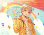  1boy balloon blonde_hair blush fukahire_(ruinon) jacket long_sleeves looking_at_viewer male_focus musical_note open_mouth orange_sky outdoors rainbow real_life root_(singer) shirt sky smile solo standing upper_body white_shirt yellow_eyes yellow_jacket 