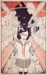  1girl black_hair black_legwear border clouds cotoh_tsumi feet_out_of_frame glasses highres leaf limited_palette looking_at_viewer medium_hair original plant pleated_skirt red-framed_eyewear red_sky shirt short_sleeves skirt sky solo standing train_interior white_shirt 