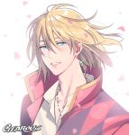  1boy argyle argyle_jacket artist_name blonde_hair blue_eyes earrings floating_hair gearous hair_between_eyes howl_(howl_no_ugoku_shiro) howl_no_ugoku_shiro jacket jewelry male_focus parted_lips petals rose_petals short_hair smile solo upper_body watermark white_background wind 