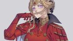  1girl armor artist_request blonde_hair blue_eyes breasts cape crown edelgard_von_hresvelg fire_emblem fire_emblem:_three_houses gloves hair_ornament highres horns jewelry long_hair looking_at_viewer older simple_background solo white_background 