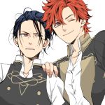  2boys black_hair epaulettes felix_hugo_fraldarius fire_emblem fire_emblem:_three_houses garreg_mach_monastery_uniform highres multiple_boys one_eye_closed orange_eyes orange_hair reo000222 sylvain_jose_gautier teeth upper_body white_background 