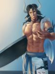  1boy animal_ears arknights armband bara black_hair chest choker cow_ears cow_horns day ear_piercing earrings hand_up highres horns jewelry long_hair looking_at_viewer male_focus matterhorn_(arknights) muscle navel necklace nipples outdoors pectorals piercing pouch r_suka scar shirtless single_earring smile solo standing surfboard torn water 