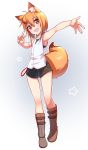  1girl ahoge animal_ear_fluff animal_ears bangs black_shorts boots collarbone eyebrows_visible_through_hair fang fox_ears fox_girl fox_tail hair_between_eyes hair_ornament hairclip highres knee_boots looking_at_viewer minowa_sukyaru open_mouth orange_hair original outstretched_arm red_eyes shirt shorts sleeveless sleeveless_shirt smile solo tail v wristband 