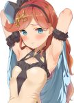  1girl arm_garter armpits arms_behind_head bangs black_hairband blue_cape blue_eyes blush bow cape closed_mouth commentary dress granblue_fantasy hair_bow hairband long_hair mamedenkyuu_(berun) orange_hair parted_bangs sara_(granblue_fantasy) solo upper_body white_background 