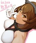  1girl bare_shoulders breasts brown_hair commentary_request gloves headgear kantai_collection kuroiani large_breasts looking_at_viewer mutsu_(kantai_collection) open_mouth short_hair simple_background smile solo white_background 
