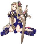 1girl absurdres blonde_hair closed_mouth commission cosplay dress ebinku fire_emblem fire_emblem:_three_houses flower full_body hair_flower hair_ornament highres holding holding_sword holding_weapon intelligent_systems kid_icarus kid_icarus_uprising koei_tecmo long_hair nachure navel nintendo nintendo_ead palutena_no_kagami side_ponytail simple_background sitting solo sora_(company) sothis_(fire_emblem) sothis_(fire_emblem)_(cosplay) super_smash_bros. sword viridi weapon white_background