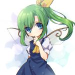  1girl arm_behind_back ascot bangs blue_dress busujima_funya closed_mouth commentary daiyousei dress eyebrows_visible_through_hair fairy_wings green_hair hair_ribbon head_tilt highres long_hair looking_at_viewer puffy_short_sleeves puffy_sleeves ribbon shirt short_sleeves side_ponytail smile solo standing touhou white_shirt wings yellow_neckwear yellow_ribbon 