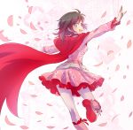  1girl boots cape cherry_blossoms commentary_request cross-laced_footwear dress floral_background floral_print highres iesupa knee_boots lace-up_boots looking_back pantyhose petals pink_dress pink_footwear rooster_teeth ruby_rose rwby smile 