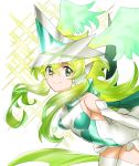  1girl akatsuki_kirika breasts detached_sleeves glowing glowing_hair green_eyes green_hair head_wings highres long_hair medium_breasts murakami_hisashi senki_zesshou_symphogear smile sparkle_background thigh-highs 