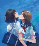 2girls bag black_hair blue_background brown_eyes brown_hair fly_(marguerite) holding_another&#039;s_arm long_hair looking_at_another looking_up medium_hair multiple_girls neck_ribbon original pleated_skirt ribbon school_bag school_uniform shirt short_sleeves simple_background skirt white_shirt yuri