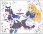  2girls apron black_hair blake_belladonna blonde_hair cocktail cocktail_glass cocktail_umbrella commentary_request cup drinking_glass floral_background food fruit highres ice_cream iesupa maid maid_apron maid_headdress multiple_girls parfait prosthesis prosthetic_arm rwby strawberry sundae thigh-highs tray violet_eyes wafer_stick waitress yang_xiao_long yellow_eyes 