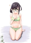  1girl black_hair blue-framed_eyewear blush bow bow_bra bow_panties bra breasts brown_hair character_name collarbone glasses green_bra green_eyes green_panties highres kantai_collection looking_at_viewer multicolored_hair navel okinami_(kantai_collection) panties seiza short_hair sitting small_breasts solo t2r underwear underwear_only 