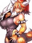  1girl abs black_leotard bowsette breasts commentary_request covered_nipples earrings fumio_(rsqkr) green_hair highres horns jewelry large_breasts leotard looking_at_viewer super_mario_bros. new_super_mario_bros._u_deluxe pointy_ears red_eyes redhead scales shield simple_background solo spiked_armlet super_crown tail thick_thighs thighs white_background 