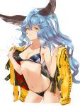  1girl animal_ears bangs bikini blue_hair blush collarbone commentary_request cowboy_shot erune ferry_(granblue_fantasy) ghost granblue_fantasy hands_together highres holding holding_jacket jacket jacket_removed jewelry kumonji_aruto long_hair looking_at_viewer navel ponytail single_earring solo sweatdrop swimsuit white_background yellow_jacket 
