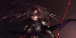  1girl bodysuit breasts fate/grand_order fate_(series) gae_bolg hair_blowing hair_intakes highres holding holding_weapon inukami_(lupusinukami) large_breasts leotard long_hair looking_at_viewer pauldrons polearm purple_bodysuit purple_hair purple_leotard red_eyes scathach_(fate)_(all) scathach_(fate/grand_order) shoulder_armor slit_pupils smile solo spear weapon wind wind_lift 
