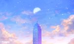  1girl artist_name building clouds mint5464 moon original outdoors scenery signature sky skyscraper solo star_(sky) starry_sky 