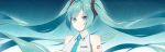  1girl aqua_eyes aqua_hair bangs bare_shoulders blue_eyes blue_hair blue_neckwear collar eyebrows_visible_through_hair eyes_visible_through_hair fhang floating_hair h hair_between_eyes hair_ornament hatsune_miku long_hair looking_at_viewer necktie shoulder_tattoo sidelocks simple_background sleeveless solo tattoo twintails upper_body very_long_hair vocaloid 