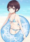  1girl :o bare_arms bare_shoulders beach bikini blue_bikini breasts brown_hair collarbone commentary_request cute floral_print front-tie_bikini front-tie_top gantan halter_top halterneck highres holding innertube looking_at_viewer moe navel original original_character parted_lips short_hair side-tie_bikini sidelocks small_breasts solo sparkle standing striped striped_bikini swimsuit violet_eyes water 