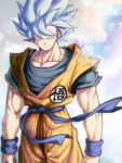  1boy aqua_background arms_at_sides blue_background blue_eyes blue_hair blurry bokeh clenched_hands clothes_lift depth_of_field dougi dragon_ball dragon_ball_super dragon_ball_z floating_hair gradient gradient_background grey_background highres light_smile looking_at_viewer male_focus mattari_illust muscle pectorals pink_background shaded_face simple_background smile son_gokuu spiky_hair standing super_saiyan_blue upper_body white_background wind wind_lift wristband 