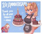  1boy 2girls adult anniversary annoyed apron ayyk92 birthday birthday_cake black_apron blonde_hair blue_earrings blue_eyes bowsette brown_hair cake candle character_print collar commentary crown dress english_text facial_hair food fruit goomba hat highres human koopa_troopa long_hair mario super_mario_bros. mask monster_girl multiple_girls mustache naked_apron new_super_mario_bros._u_deluxe nintendo nintendo_ead overalls pink_dress plate princess_peach short_hair spiked_armlet spiked_collar spikes strawberry super_crown tail turtle_shell 
