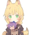  2girls animal_ears bernadetta_von_varley blonde_hair closed_eyes fire_emblem fire_emblem:_three_houses fox_ears fox_tail garreg_mach_monastery_uniform green_eyes ingrid_brandol_galatea kvlen long_hair mouse_ears multiple_girls open_mouth purple_hair short_hair simple_background tail uniform white_background 