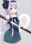  1girl alternate_hair_length alternate_hairstyle bangs black_ascot black_bow blue_eyes blush bow commentary green_skirt green_vest hairband highres hitodama holding holding_sword holding_weapon katana konpaku_youmu konpaku_youmu_(ghost) long_hair looking_at_viewer medium_skirt momomaron open_mouth shirt silver_hair skirt solo sword touhou twitter_username vest weapon white_shirt 