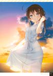  1girl absurdres ahoge bow braid breasts brown_hair clouds cloudy_sky dress eyebrows_visible_through_hair grey_eyes hair_ornament highres huge_filesize jewelry kantai_collection lifted_by_self naoto_(tulip) ocean ring scan see-through shigure_(kantai_collection) skirt_hold sky small_breasts sunset wedding_band wet wet_clothes wet_hair white_bow white_dress 