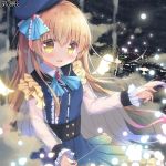  1girl bangs blonde_hair blue_dress blue_neckwear brooch character_request cityscape clouds collared_dress collared_shirt commentary_request dairoku_youhei dress eyebrows_visible_through_hair fang full_moon hair_between_eyes holding jewelry long_hair long_sleeves looking_at_viewer moon night night_sky parted_lips pleated_dress satsuki_yukimi shirt sky sleeves_past_wrists solo star_(sky) starry_sky very_long_hair white_shirt yellow_eyes 